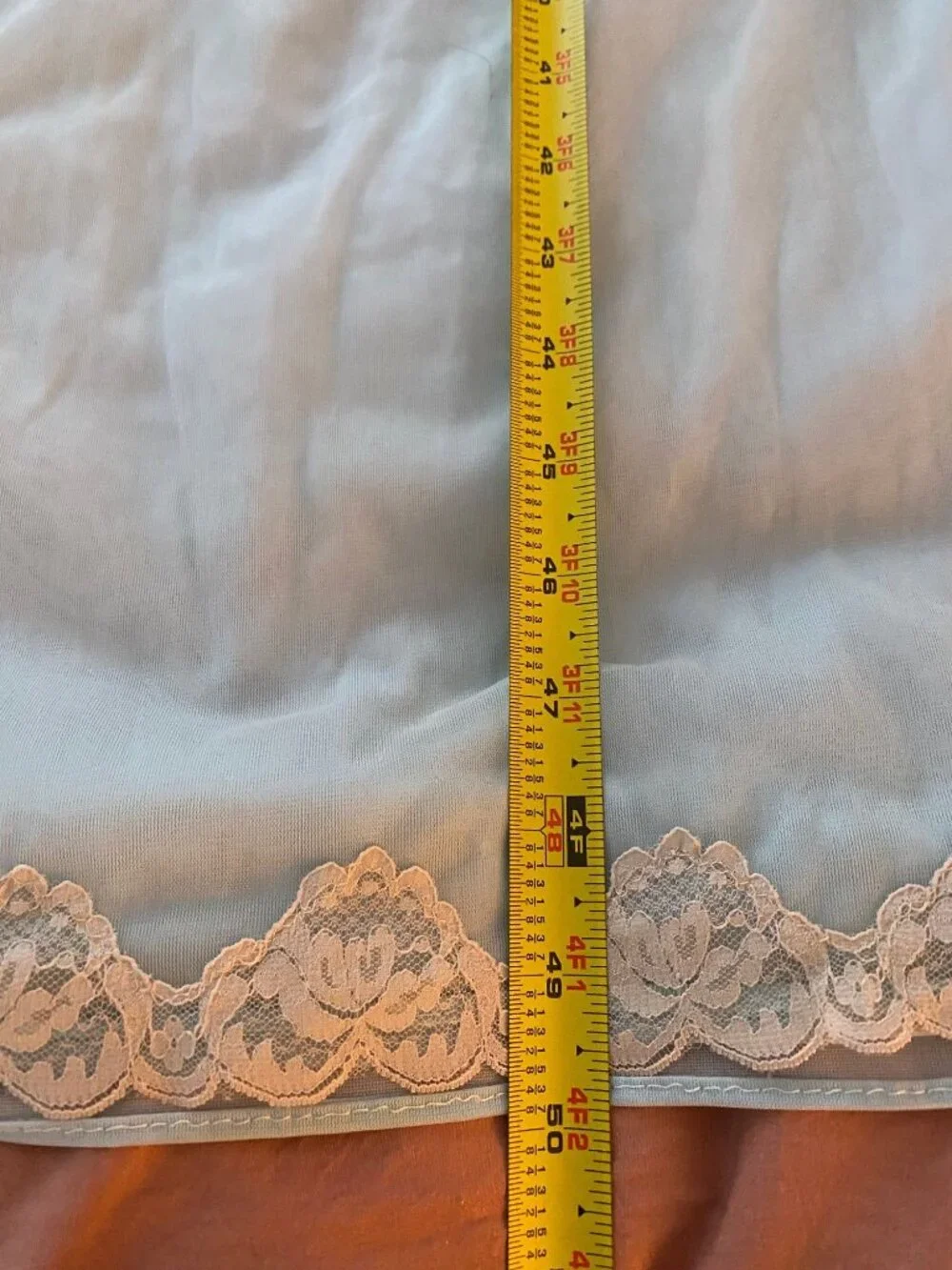 Vintage Evette Nightgown, Pale Aqua with Lace Trim, Size Small, Made in USA
